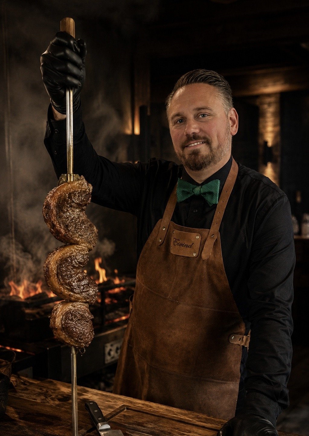 Eivind Abrahamsen i sort skjorte, grønn sløyfe og lærforte, holder et stort grillspyd over glør