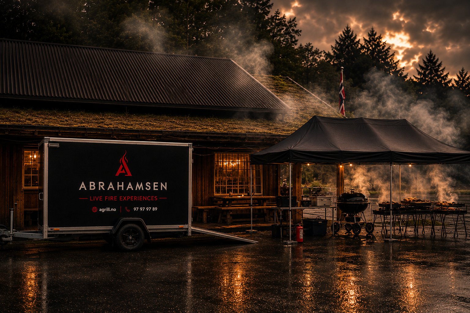 Rigget Abrahamsen-oppsett utendørs med henger, telt, griller og røyk